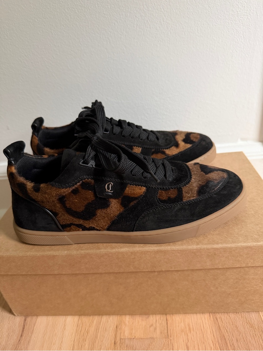 Women Christian Louboutin Black and Brown Leopard-Print calf hair Sneakers 39.5